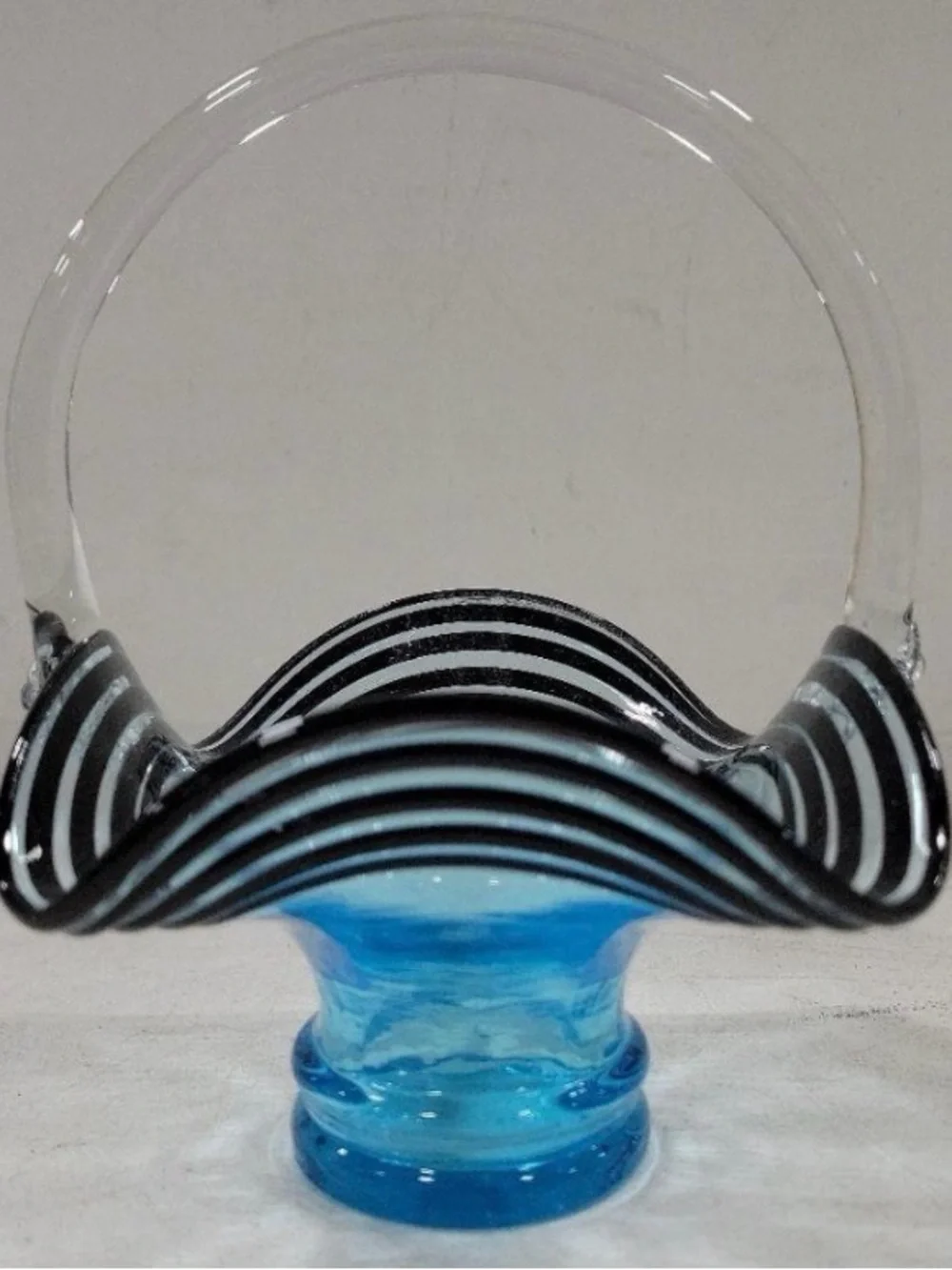 Vintage Murano Style Hand Blown Art Glass Basket Blue Black & White